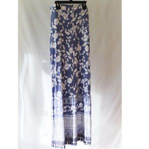 Blue Floral Pattern Maxi Skirt Side Slit